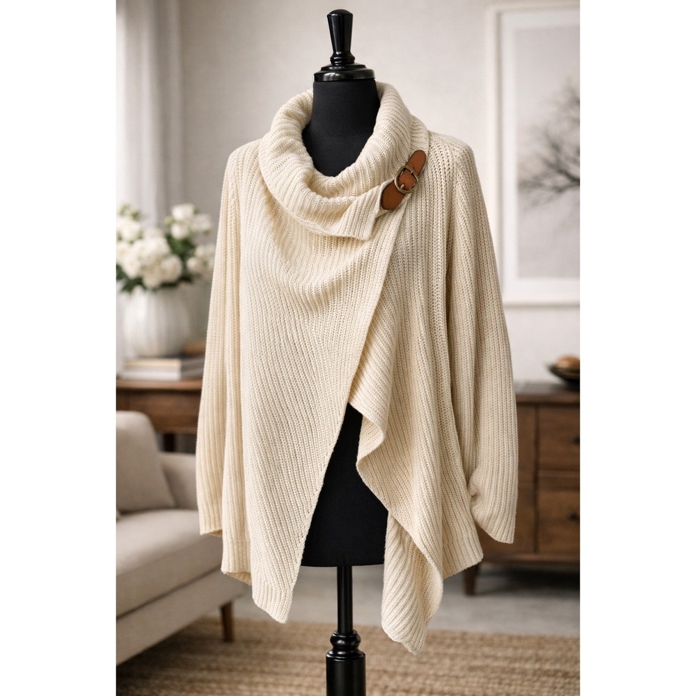 Polo Ralph Lauren Cardigan Womens L Cream Drape Front Leather Buckle